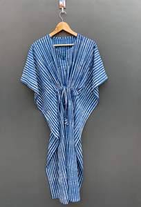 Caftán con estampado de bloque de mano a rayas índigo para mujer, vestido de verano de algodón ligero, Vestido largo de playa y ropa de dormir - Product Image 6