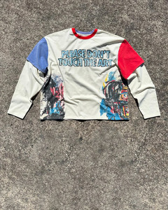 เสื้อยืดคอกลมพิมพ์ลายโลโก้แบบสกรีนผ้าไหมสไตล์วินเทจ แขนยาวสำหรับผู้ชาย ผ้าสองชั้น ใส่ได้ในฤดูหนาว สไตล์สตรีทแวร์ ทรงโอเวอร์ไซส์ - Product Image 1