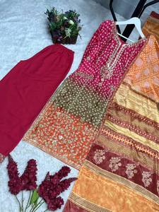 Elegant Ready Wear <b>Three</b> Piece Fancy Printed Long Heavy Chino Silk Kurti Set Stylish Palazzo Heavy Dupatta for Party Quick Dry - Product Image 5