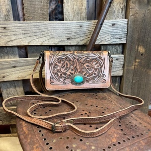 High Quality Leather Floral Tooled Western Style Cowgirl Crossbody <b>Bag</b> with <b>Long</b> Tassel Zip Closure Fashionable Rivet Decoration - Product Image 1