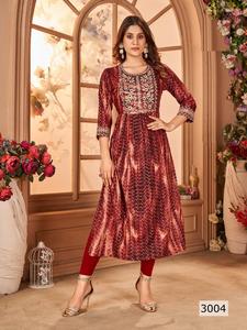 Dernière collection Fancy Heavy Rayon Festive Wear Kurtis Naira Cut avec Shibori Foil Prints - Product Image 2