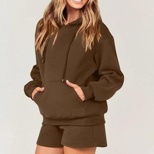 OEM Custom Design <b>Women's</b> Winter Knee Length <b>Long</b> Hoodies and <b>Shorts</b> Set Solid Pattern Knitting Fabric with Vintage Decoration - Product Image 3