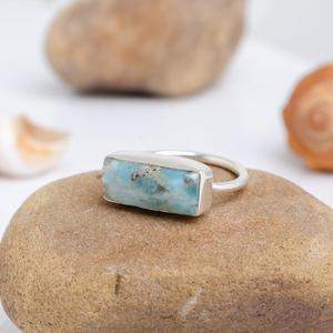 Natural Larimar Gemstone Bar <b>Ring</b> Handmade 92.5 Silver Christian Nautical Stackable <b>Ring</b> for Your Style - Product Image 4