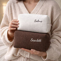 Trousse de Toilette ou Maquillage Personnalisable en Coton Gaufré, Pochette de Voyage Douce avec Broderie sur Mesure