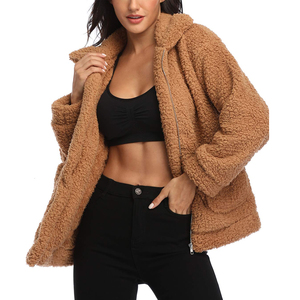 Veste d'hiver imperméable à capuche en polaire sherpa en polyester recyclé marron pour femmes, taille plus, respirante, durable, détails des poignets, OEM ODM - Product Image 1