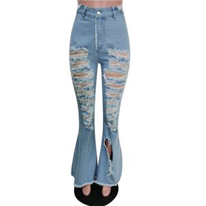 Pantalones de mezclilla desgastados para mujer Pantalones Vaqueros de mujer con agujeros rasgados acampanados inferiores recortados para mujer a la venta - Product Image 4