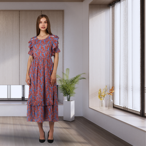 Robe mi-longue à volants imprimée florale à la mode pour les femmes manches courtes à volants taille élastique robe décontractée fluide parfaite pour l'été - Product Image 1