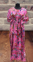 Robe Kaftan Rose en Coton à Imprimé Oiseaux, Col en V, Longueur Totale, Taille à Cordon, Manches Courtes, Tenue de Plage Festive d'Été pour Femme