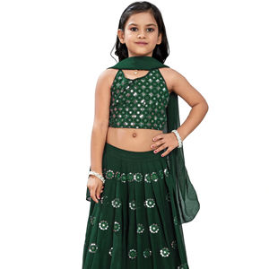 Shoryam Fashion Robe Lehenga Choli pour Filles et Enfants, longueur ras du sol, entièrement cousue, style traditionnel indien, avec broderie miroir verte, pour mariage et cérémonie - Product Image 1