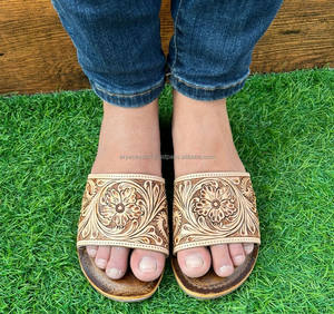 Western Style Real Handmade Genuine Tooled Leather Women Casual Comfort Flipflops Flat Flower Footwear <b>Open</b> Brown <b>Toe</b> Sandals - Product Image 2