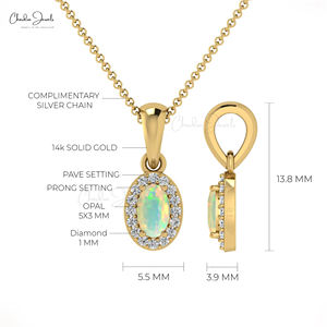 Produit le plus vendu Pendentif opale de feu taille ovale en or massif 14 carats véritable pierre précieuse 0.16 CT et pendentif diamant Halo au prix de gros - Product Image 5