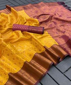 Kanchipuram, nuevo diseñador, los saris de seda suave más hermosos con una pieza de blusa sin costuras para saris de seda femeninos indios alfanumero - Product Image 4