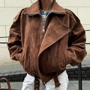 Veste en cuir marron vintage pour femmes High Street manteau en faux daim revers fermeture éclair recadrée conception courte Service OEM tenues de printemps - Product Image 3