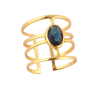 Bague ovale de londres en quartz bleu, bijou de déclaration en laiton plaqué or à quatre couches, anneau ouvert réglable pour femme - Product Image 5