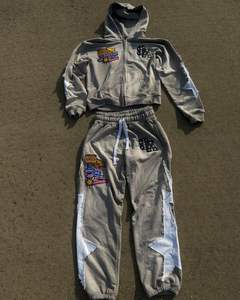 Hommes polaire 500Gsm Distressed Rain Stones Sets Custom Vintage Stacked Sweatsuit Embroidery Acid Wash for men - Product Image 3