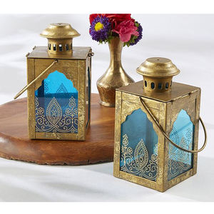 Handcrafted Metal Iron <b>Lantern</b> Gold Finished Colorful Glass Candle Holder in 2 Pcs Deferent Size for Home Decorate & Wedding - Product Image 4