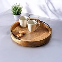 Plateau de service rond en bois avec poignées robustes, plateau en bois brun pour servir des aliments, des boissons et des collations, fournisseur en gros
