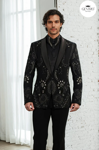 Traje Negro Bordado Entallado para Hombre para Fiestas, Eventos, Bordado Personalizado, Traje de Banquete de Boda para Hombre - Product Image 5