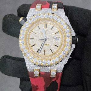 Men's Luxury Miyota Quartz Analog Stainless Steel 40mm Hip Hop Fashion <b>Watch</b> with VVS Moissanite <b>Rubber</b> Band Iced No Waterproof - Product Image 1