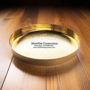 Plateau de service à chocolat décoratif rond en plaqué or martelé pour la maison de luxe et le restaurant Plateau de rangement en métal pour la maison et le restaurant - Product Image 5