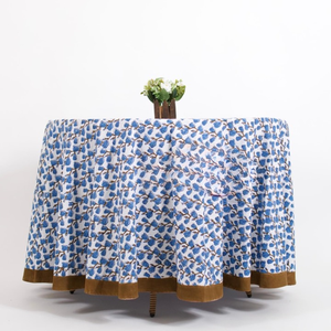 Hand Block Printed Cotton <b>Tablecloth</b>: Turkish Blue Floral Round Table Cover Printed Dinner Table Decor Factory Price - Product Image 1