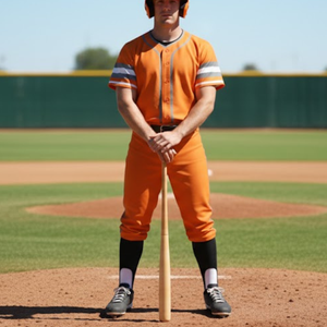 Uniforme de Béisbol de Alto Rendimiento Color Naranja OEM, Jersey de Equipo con Botones y Detalles de Rayas en las Mangas y Pantalones Deportivos a Juego - Product Image 4