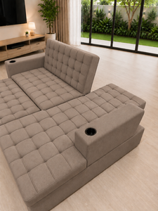 Sofá Cama Moderno de Tela Acolchada, Multifuncional, en Forma de L, con Almacenamiento y Portavasos, para Sala de Estar, Hotel, Villa - Product Image 4