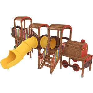 Structure de terrain de jeu extérieur de haute qualité sur le thème du train en bois avec toboggan tubulaire pour les parcs pour enfants - Product Image 1