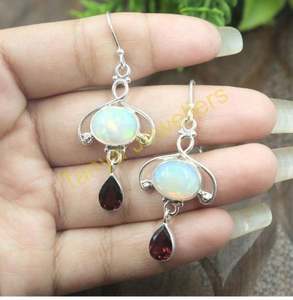 Ethiopian Opal And Red Garnet Dangle <b>Earrings</b> 925 Sterling Silver <b>Handmade</b> <b>Earrings</b> Opal And Garnet Gift Jewelry Gift For Her - Product Image 2