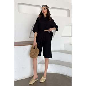 Black Short-Sleeved <b>Linen</b> Shirt and Shorts <b>Set</b> - Black - Product Image 1