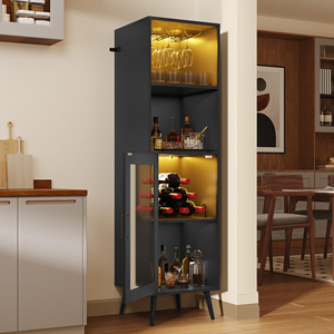 Armoire à bar haute noire moderne avec éclairage LED, porte en verre, rangement pour spiritueux, armoire à <span class=keywords><strong>vin</strong></span> autoportante pour salle à manger - Product Image 2