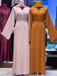 Abaya de Dubaï Modeste en Gros, Traditionnelle Musulmane, Faite à la Main, Pailletée et Perlée, Col en V, Manches Longues, Longueur Cheville, pour Mariage, Femme, en Polyester - Product Image 2