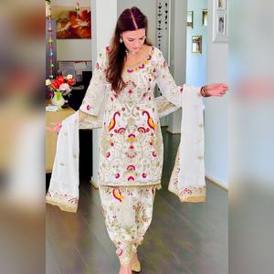 Chic arrival multi color cotton salwar kameez palazzo set featuring Resham work <b>detail</b> and fancy dupatta 2025 collection - Product Image 3