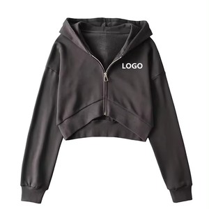 Sudadera con capucha recortada personalizada para mujer, con cremallera completa, informal/para gimnasio, tela tejida de felpa francesa, temporada de invierno, cuello con capucha antiretráctil para otoño - Product Image 3