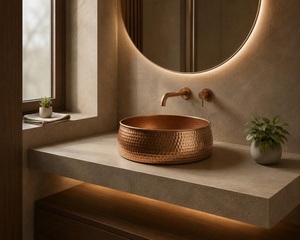 Vasque en cuivre faite à la main, ronde, à cuve unique, à poser sur le comptoir, surface mate, un trou, vasque de salle de bain minimaliste - Product Image 1