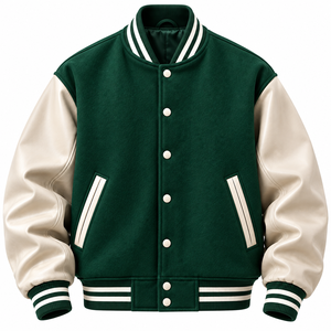 Chaqueta Varsity Verde para Hombre, Estilo Preppy, Cuello Alto, Cierre de Botón, Corte Regular, para Invierno, 100% Algodón - Product Image 1