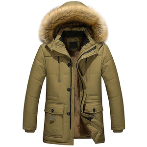 <b>Mens</b> Winter Wool Lined Hooded Jacket Medium Length Cotton Padded Coat with Raccoon Collar Zipper Closure Large Size Outerwear - Product Image 4