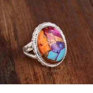 Pink Oyster Turquoise Oval Handmade <b>Ring</b> 925 Sterling Silver Boho <b>Statement</b> Jewelry Gift for Women - Product Image 4