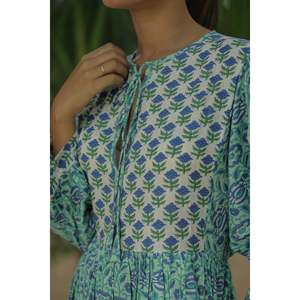 Women's Cotton Midi Dress Hand <b>Block</b> <b>Printed</b> Floral Boho Chic Flowy Gown with Long Sleeves and Pockets Sustainable Leisurewear - Product Image 3