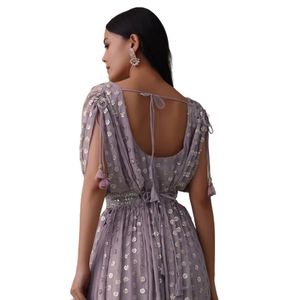 All'ingrosso donna abbigliamento etnico OEM fornitore di abbigliamento personalizzato Set Top Palazzo color lavanda viola In Georgette con paillettes - Product Image 5