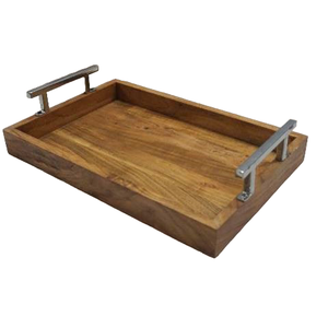 Bandeja de exhibición de comida redonda de madera de alta calidad grande con mango de metal para decoración y servicio - Product Image 5