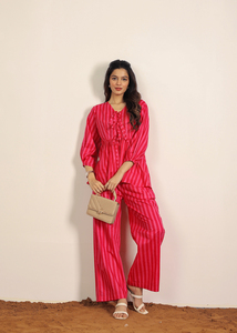 Rouge Rose Smart Stripes 100% Coton Ensemble Tunique Chemise Jambes Larges Bouton Pantalon Décoré pour Resort/Travail Porter Écologique OEM - Product Image 4