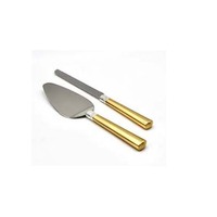 Juego de cuchillo y servidor de pastel de acero inoxidable de oro real con mango de diseñador de fregona y en relieve completo herramientas de pastel baratas reales
