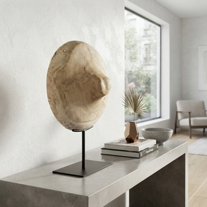 Handcrafted wooden bubu stand sculpture rustic teak carved round disk statue metal base accent decor unit display <b>art</b> <b>object</b> now - Product Image 3
