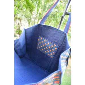 Bolso de mano de lona ecológica duradera con estampado floral azul premium Bohomin, asa superior y asa para el hombro, bolso de compras impreso a mano - Product Image 3