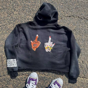 Streetwear personnalisé en coton épais ourlet brut en détresse broderie Patch pull sans cordes sweats à capuche courts pour hommes - Product Image 5