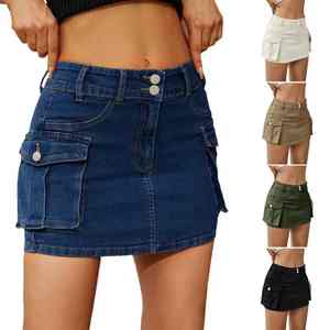 Jupe en jean taille haute pour femme, boutonnée, délavée, unie, décontractée, style sac banane, pour le printemps, l'été et l'automne - Product Image 6