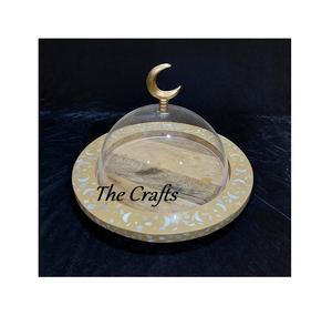 Plato para servir de trabajo de madera y nácar con cúpula Patrón de aperitivos de Calidad exclusiva con cúpula de acrílico - Product Image 2