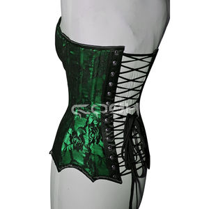 Top Corsé Sexy Verde Satinado con Diseño de Reloj de Arena y Malla Floral Negra para Fiestas Nocturnas con Cierre Frontal - Product Image 4