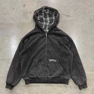 Veste à capuche zippée réversible à double couche avec logo personnalisé brodé, style vintage, lavée, surdimensionnée, ample, à carreaux, zippée - Product Image 3